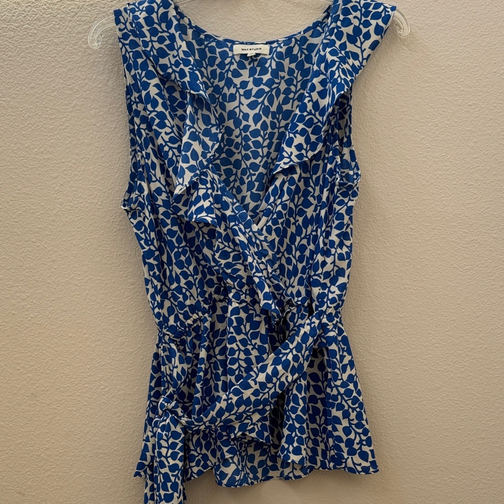 Max Studio Blue and White Ruffle Blouse - Picture 2 of 7